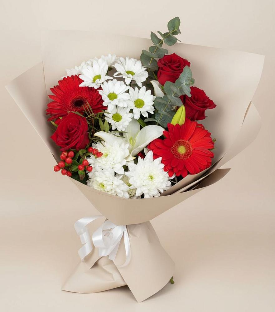 Букет цветов из: Розы, Хризантемы, Герберы и Лилии в Кузнецке