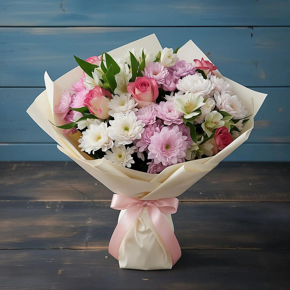 Букет цветов из: Хризантемы, Альстромерии и Розы в Кузнецке